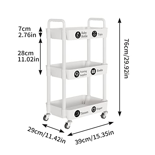3 Tier Rolling Cart with Wheels, Utility Storage Carts,White - color: White, size: 3-Tier