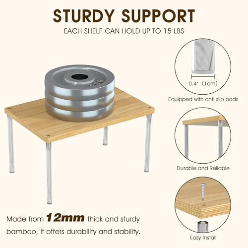 Jolitac Cabinet Organizer Shelf - Set of 4 Clear Acrylic Spice Rack, Stackable Pantry Storage Shelves for Kitchen Counter, Bathroom, Desk - Multi-Purpose Bamboo Space Saving Shelves, Easy Assembly