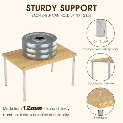 Jolitac Cabinet Organizer Shelf - Set of 4 Clear Acrylic Spice Rack, Stackable Pantry Storage Shelves for Kitchen Counter, Bathroom, Desk - Multi-Purpose Bamboo Space Saving Shelves, Easy Assembly
