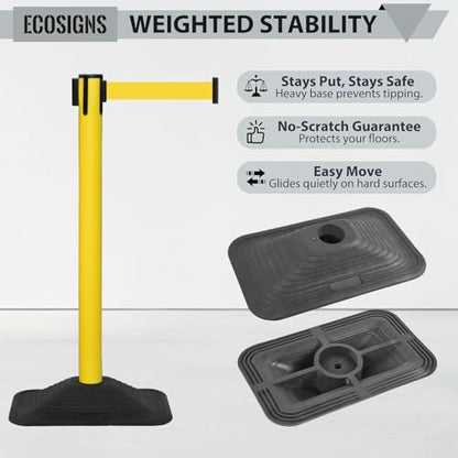 ECOSlGNS 12 Pack Heavy Duty Crowd Control Stanchions for Banks, Events, Retail with 10ft Retractable Belt, Non-Slip Weighted Rubber Base (Yellow) - color: Yellow, size: Rectangle Base - 12 Pack