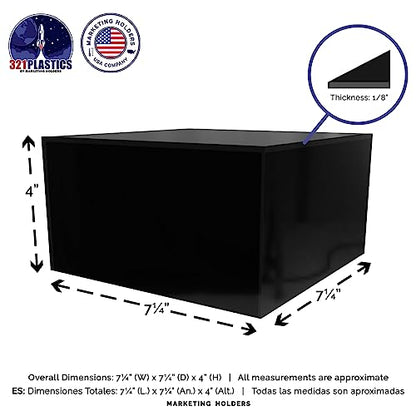 Marketing Holders 4 Pack Black Acrylic Display Box Countertop Showcase Bin No Lid 7" x 7" x 4" Merchandise Storage One Open Side Square Flippable Cubby for Retail Stores and Expos