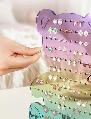 NiHome Earring Holder Organizer 140 Holes Acrylic Bear Jewelry Stand - color: Rainbow Gradient