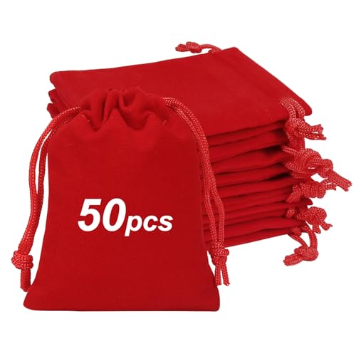 Shintop 50pcs Little Velvet Bags, 3x4inch Red Drawstring Gift Bags - color: Red, size: 1 Count (Pack of 50)