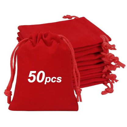 Shintop 50pcs Little Velvet Bags, 3x4inch Red Drawstring Gift Bags - color: Red, size: 1 Count (Pack of 50)