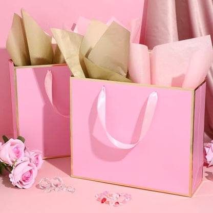 ReliThick 12 Pack Paper Gift Bag with Handles & Tissue, Pink, Gold - color: Pink, Gold