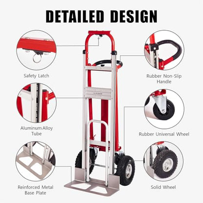 Folding Hand Truck Dolly, 4 in 1 Aluminum Dolly Heavy Duty with Rubber Handle, Folding Truck 770LB Capacity Weigth, Non-Slip Wheels, for Garage, Warehouse, Outdoor Delivery