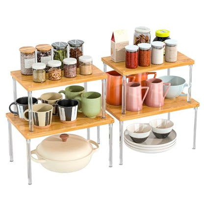 Jolitac Cabinet Organizer Shelf - Set of 4 Clear Acrylic Spice Rack, Stackable Pantry Storage Shelves for Kitchen Counter, Bathroom, Desk - Multi-Purpose Bamboo Space Saving Shelves, Easy Assembly