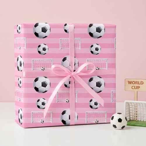 RUSPEPA Soccer Wrapping Paper Roll, Mini Roll, Pink Football Ball & Goal Design Gift Wrap Paper for Girls, Kids, Sports Fans, Soccer Party, Team Celebration, Game Day, 17 Inches x 16.4 Feet - color: Pink Soccer