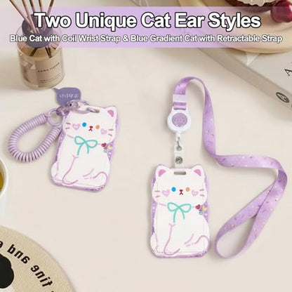 AZY 2PCS Cat Ear Photocard Holder Set -Slide Cover ID Badge Holder with Lanyard & Wrist Coil, Protective Card Case for Students, Work, Travel & Daily Use (Purple) - color: Purple