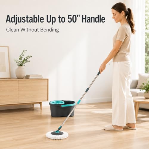 Lambert Home Spin Mop and Bucket Set with Wringer, Hands-Free Self-Wringing Floor Mop, 2 Washable Microfiber Mop Heads, 42.1-50 in Adjustable Stainless Steel Handle, Gray Blue