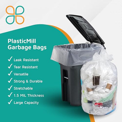 PlasticMill Heavy Duty Trash Bags Clear 100-Gallon 1.3 Mil 10-Count