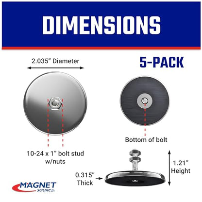 Master Magnetics Ceramic Round Base Magnet with Bolt and Nuts Pack - Heavy-Duty Strong Magnets - 35 lb Pull Each - Nickel-Plated - 2.04" D - 1.25" H - 5-Pack - size: 5 pack, style: 2.04x1.25 with bolt