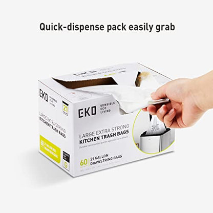 EKO 21 Gallon / 50-90 Liter, Drawstring Trash Bags, Extra-Strong Unscented Garbage Bags, Easy-Dispense Roll for Kitchen & Household Use, Code G, White 60 Count (Pack of 4) - size: 60 Count (Pack of 4), style: 21 Gallon Bags/Code G