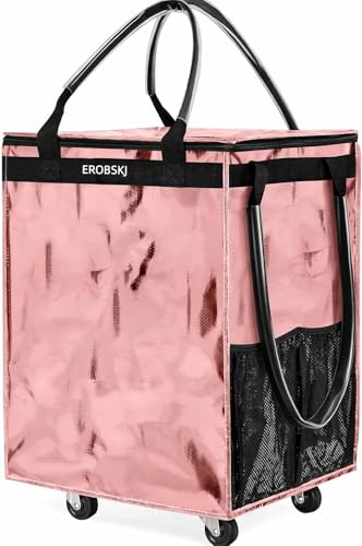 (Medium,Rose Gold) Reusable Grocery Bag on Wheels, Foldable Rolling Tote - color: Rose Gold, size: Medium