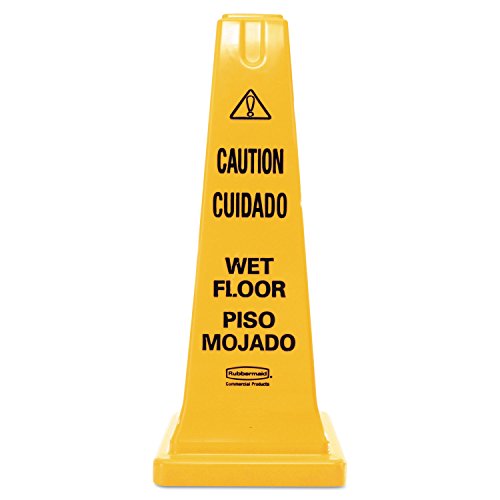 Rubbermaid Commercial Products Heavy-Duty Multilingual Caution/Warning Wet Floor Safety Cone for Restaurant/Grocery Store/Office/Facility/High-Traffic Area, Tall/Durable, 25", Yellow