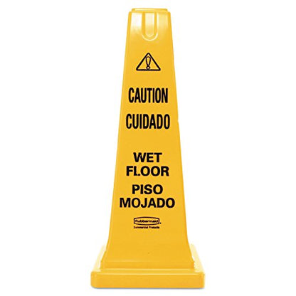 Rubbermaid Commercial Products Heavy-Duty Multilingual Caution/Warning Wet Floor Safety Cone for Restaurant/Grocery Store/Office/Facility/High-Traffic Area, Tall/Durable, 25", Yellow