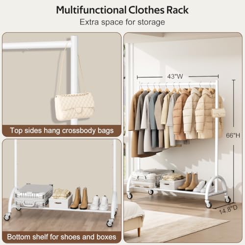 MISSLO Heavy Duty Clothing Rack with Wheels Rolling Clothes Racks for Hanging Clothes, Coats, Garment, Dress, White - color: White, size: 43"W x 14.8"D x 66"H (Large)
