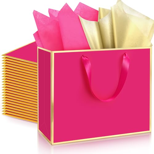 ReliThick 12 Pack Paper Gift Bag with Handles & Tissue, Hot Pink, Gold - color: Hot Pink, Gold