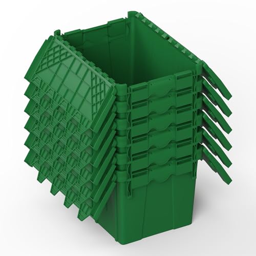 6 Pack Green Attached Lid Tote Box 22 x 16 x 13 Inch, Stackable Plastic Storage Container with Hinged Lids, Heavy Duty Nestable Moving and Shipping Bin for Warehouse, Garage, Kitchen and Logistics Use - color: Green