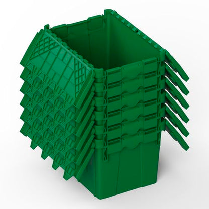 6 Pack Green Attached Lid Tote Box 22 x 16 x 13 Inch, Stackable Plastic Storage Container with Hinged Lids, Heavy Duty Nestable Moving and Shipping Bin for Warehouse, Garage, Kitchen and Logistics Use - color: Green