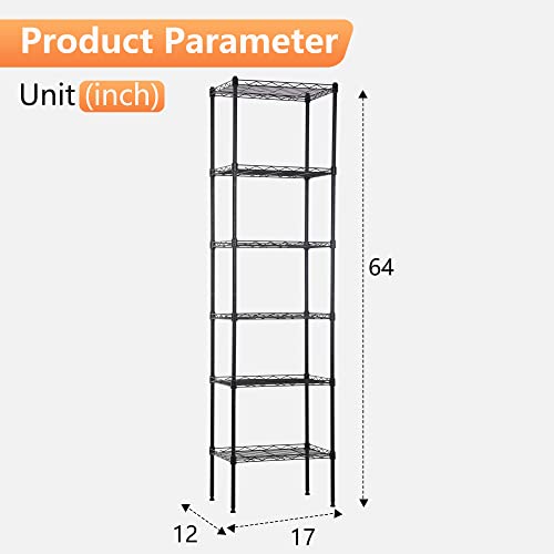 FDW | 6-Tier Wire Shelf | 17" x 12" x 64" | Black - color: Black, size: 17×12×64