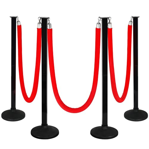 4 Pack Stanchions Post with Velvet Rope, Crowd Control Stanchions, Queue Pole for for Movie Theater, Party Supplies(Red) … - color: 4pack-Red