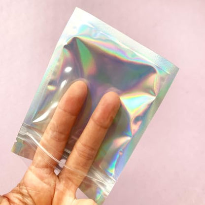 100 Pack Holographic Resealable Bags with Clear Window,Small Sealable Sample Packaging Bags for Small Business, Plastic Gift Bag for Food Candy Treat Heat Seal Storage (3.54x4.72) - size: 3.54x4.72