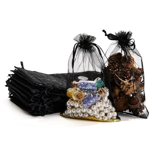 PACKINNO 100pcs Black Organza Bags, Sheer Organza Bags 4x6 Inch, Small Mesh Bag, Drawstring Gift Bags for Party, Candy, Christmas, Festival, Bathroom Soaps, Makeup, Jewelry - color: Black