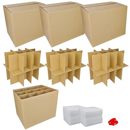 3 Sets Moving Boxes with Divider Kits,16 x 12 x 13 Inch Glassware Dish Packing Box Kitchen Moving Box Corrugate Dividers with 72 Pcs Foam Pouches,1 Pcs tape rolls with dispenser(Two Layer) - size: 16x12x13In-Cup Packaging