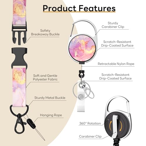 Retractable Badge Holder with Detachable Lanyard, Pink Marble - color: Pink Marble