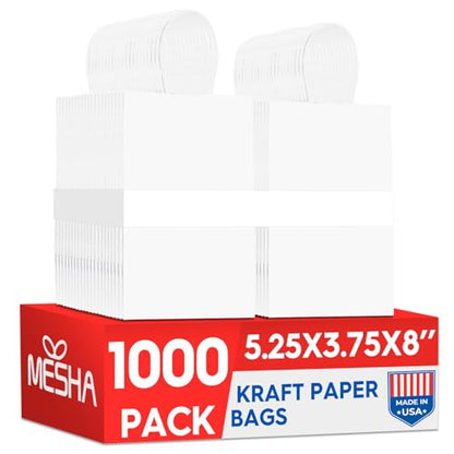 MESHA 1000Pcs White Paper Bags with Handles 5.25x3.75x8 Small Gift Bag Bulk - color: White 5.25x3.75x8 Inch, size: 1 Count (Pack of 1000)