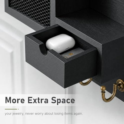 FifthQuarter Key Hooks for Wall with Drawer and 6 Sturdy Key Hooks, B-Black - color: B-Black