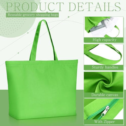 Epakh 8 Pack Canvas Tote Bag Bulk with Zipper, 16.5 x 13 Inch, Green - color: Green, size: 16.5 x 13 Inch