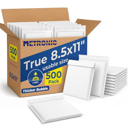 Metronic Bubble Mailers True 8.5x11" Usable Size Padded Envelopes 500 Pack - color: White, size: 8.5x12" 500PC