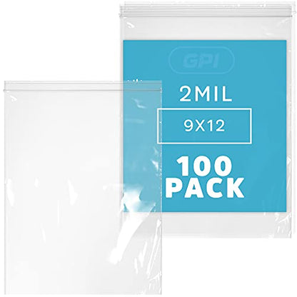 GPI - 9" x 12" Zip Bags, 100 Count, 2 Mil, Clear Plastic Reclosable Zipper Poly Baggies, with Resealable Zip Top Lock. for A4 Letter Size Paper, Apparel, Clothing, Food, Home & Office Supplies. - size: 9" x 12"