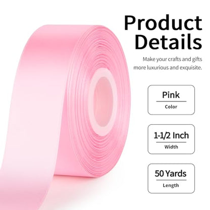 Mauproy Pink Satin Ribbon, 1-1/2 Inch, 50 Yards - color: Pink