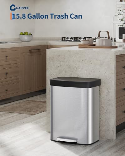 Garvee 16 gal / 60 L Stainless Steel Trash Can with Lid, Large Garbage Can for Kitchen, Rustproof Step-on Kitchen Metal Trash Bin with Liner Rim, Rear Handle, Soft Close Plastic Lid, Silver - color: Silver, size: 15.8 Gallons