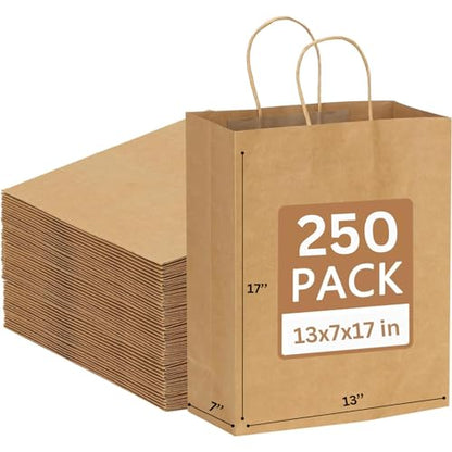 JET PAPER BAGS - 13”x7”x17” Inch [250 Pcs] Large Brown Paper Bags with Handles Prime for Takeout, Grocery, Goody, Retail, Party, Gifts, Weddings - color: 13" x 7" x 17"