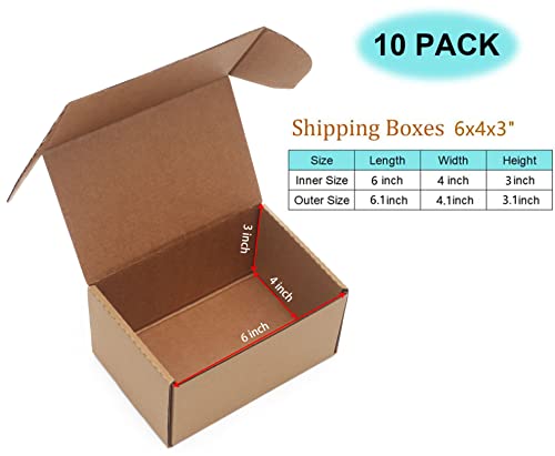 10 Pack Small Shipping Boxes 6x4x3'' Corrugated Small Cardboard Boxes for Shipping, Recyclable Packaging Boxes for Business, Mailer, Gift Packing, Crafts Packing, Jewelry Box, Brown - size: 6 x 4 x 3 inches 10 pack