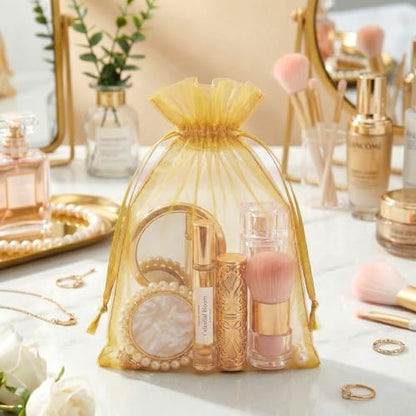 FUNFERY 100Pcs Gold Organza Bags 5x7 in,Small Mesh Drawstring Gift Bag - color: Gold