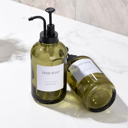 Glass Soap Dispenser with Pump, Dish and Hand Soap Dispenser for Kitchen Bathroom Set, Clear Glass Dispenser Set of 2 Pack with 18 Stickers Funnel Bamboo Tray 500ml 18oz Green - color: Glass Green