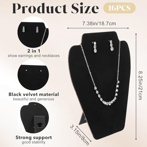 16 Pcs Black Velvet Necklace Display Stand Set, Foldable Jewelry Easel Mannequin Bust Holder for Selling and Shows, Store Home Organizer, 7.38 x 8.25 Inches