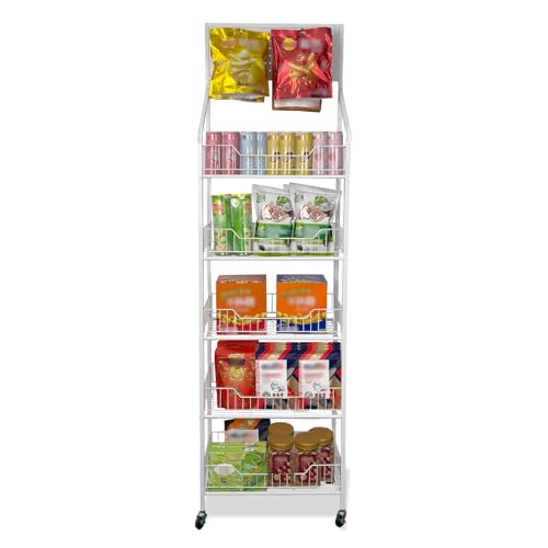 5 Tier Snack Rack Display Stand - Retail Display Shelves with Top Pegboard, 15 Hooks, Bakery Display Rack on Wheels for Easy Mobility and Organization (White) - color: White