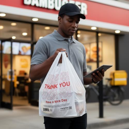 T-Shirt Bags Printed “Thank You” 21x12 Inches, 0.8 Mil Thick, 100 Count – Durable Plastic Carry Bags with Handles, Leak-Proof & Tear-Resistant, 20 Gallon Capacity, Recyclable Grocery & Restaurant Use