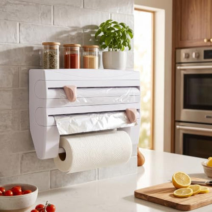AUNMAS Plastic Wrap Dispenser Wall Mounted Paper Towel Holder with Side Button Inside Cutter No Drill Easy Installation Multifunctional Storage for Kitchen Cling Film Aluminum Foil Garbage Bags