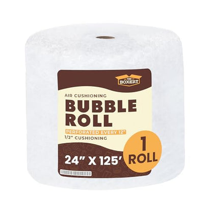 The Boxery 24 in x 125 ft Bubble Roll, Large Bubble 1/2 in Clear Cushioning Wrap, Perforated for Packing Moving Shipping Supplies - size: 24 in x 125 ft