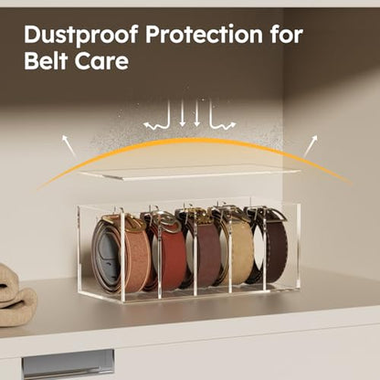 FEMELI Acrylic Belt Organizers for Closet 5-Slots Belt box with Dust Cover - size: 5 Compartments with Lid