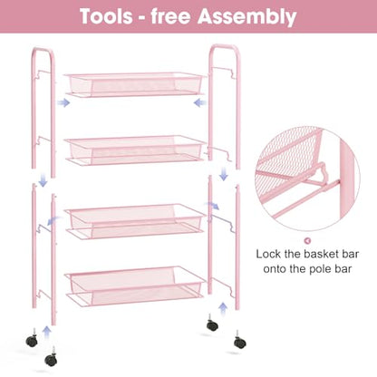 TOOLF 4 Tier Rolling Cart, Metal Utility Storage Cart with Wheels, Pink - color: Pink, size: 4-Tier