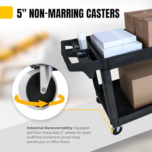 MaxWorks 2‑Tier Heavy‑Duty Utility Service Cart 500 lb Capacity 46" x 25.5" x 33.5" with 5" Swivel Casters and Polypropylene Shelves for Garage Workshop Warehouse Office (80858) - size: 46 inch x 25.5 inch x 33.5 inch