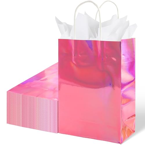 BLEWINDZ 32Pcs Small Paper Gift Bags with Tissues, Iridescent Party Favor Bags with Handles, Holographic Pink Gift Bag for Wedding Baby Shower Birthday Party Supplies - color: 11-Iridescent Pink-S